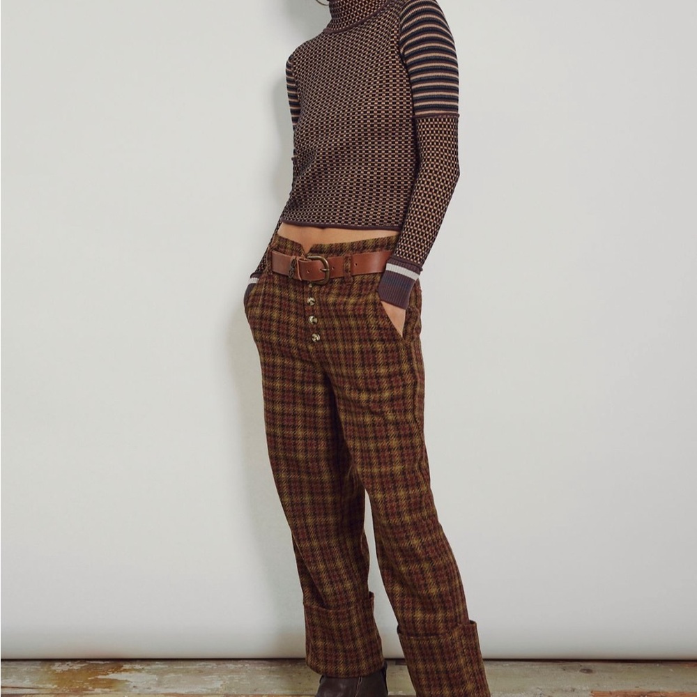 Free People Brown Plaid Cropped Pants